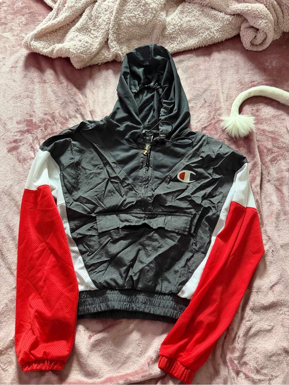 Champion Black Red White Hooded Windbreaker Jacket cropped